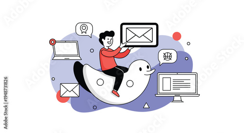 Creative illustration shows a person riding a white swan through a digital landscape filled with email and communication icons.