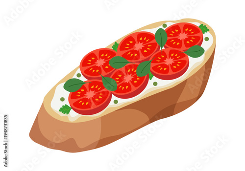 Bruschetta with tomatoes and basil in flat design on white background. Appetizing toast with cheese and vegetables.