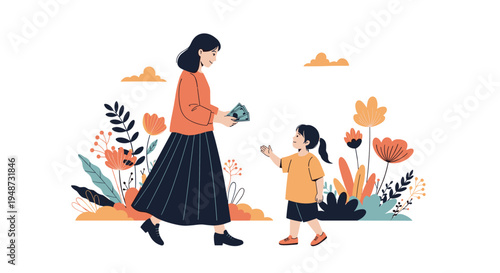 Generous woman gives paper money to a little girl while walking together in a beautiful garden filled with colorful flowers.