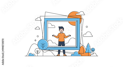 Young man stands confidently inside a large blue picture frame set against a scenic outdoor background with trees and clouds.