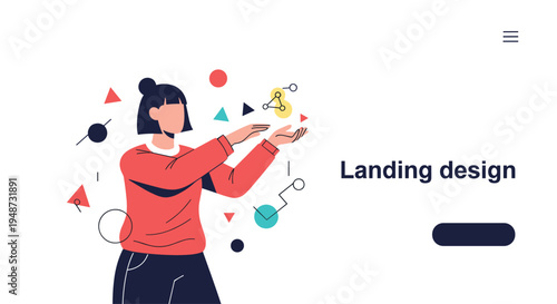 Young woman with dark hair gesture toward landing design text while surrounded by floating abstract shapes and geometric patterns.