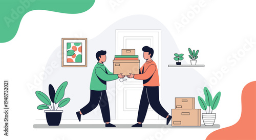 Two young men carry cardboard boxes together into a new home representing the process of moving house and teamwork during relocation.
