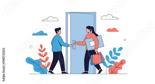 Friendly man greets a woman at the door who is carrying multiple shopping bags and a large package after a successful shopping trip.