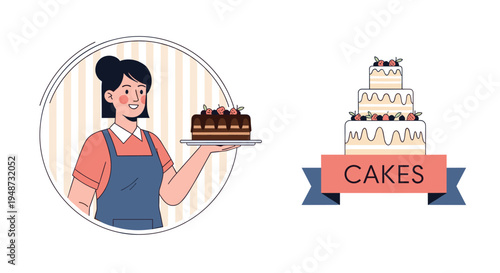 Cheerful female baker in an apron presents a chocolate cake next to a multi-tiered wedding cake logo for a professional bakery.