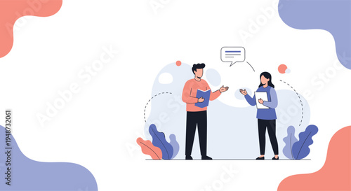 Man and woman engage in a professional conversation while holding documents and folders in a modern workspace with speech bubbles.