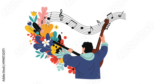 Talented musician plays a large string instrument with musical notes and colorful flowers flowing out in a creative illustration.