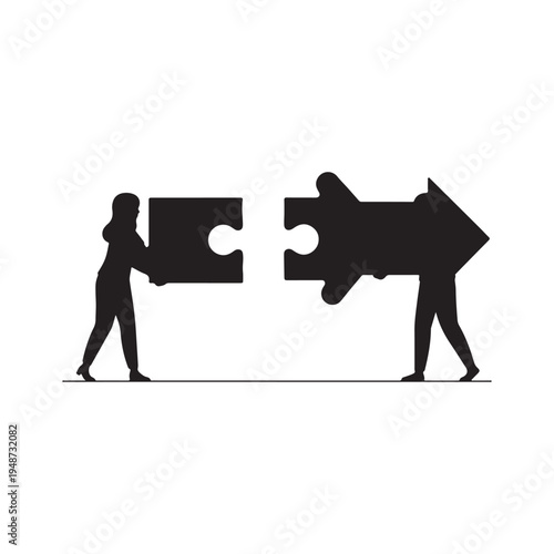 Two women put puzzle arrow togheter. Vector illustration on white back ground