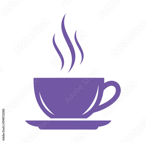Purple tea cup with steam rising from it on a saucer