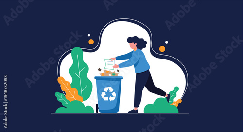 Environmentally conscious woman puts paper waste into a blue recycling bin to promote sustainability and eco-friendly practices.