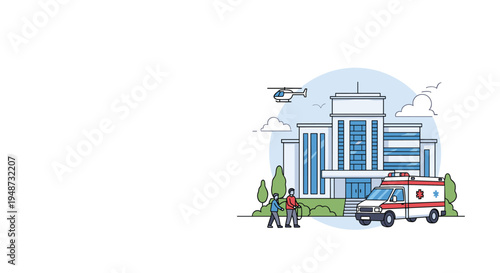 Modern hospital building stands ready with an ambulance parked in front and a medical helicopter flying over for urgent care.