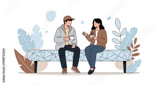 Man and woman sit comfortably on a park bench while enjoying hot coffee and engaging in a friendly conversation in a natural setting.