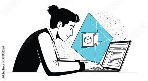 Focused person works on a laptop computer while a blue geometric shape and a floating cube represent digital design and technology.