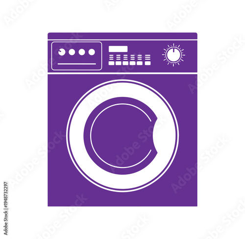 Purple washing machine icon with white details on white background