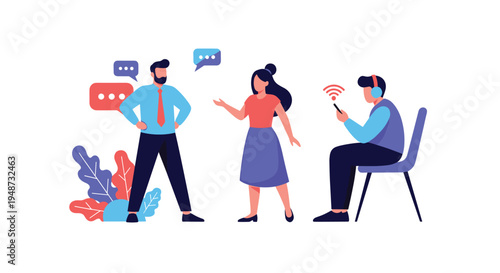 Group of diverse people in an office includes two colleagues talking and one person sitting with headphones using a mobile device.