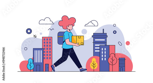 Delivery person with pink hair walks through a colorful city carrying a cardboard box and wearing a backpack for courier services.