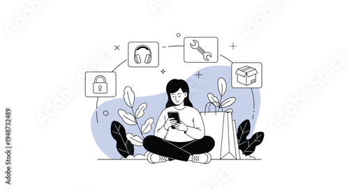 Young woman sits on the floor with shopping bags while using her smartphone to browse various icons for online security and repairs.
