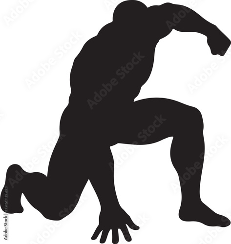 Silhouette of a muscular man in a powerful superhero landing pose