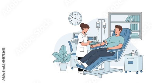 Male patient lying in a hospital bed while receiving medical treatment and intravenous therapy from a dedicated female nurse.