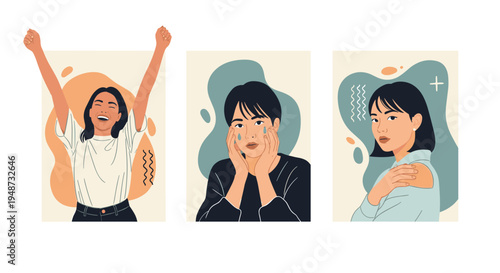 Three separate portraits of the same woman expressing different human emotions ranging from pure happiness to sadness and calm.