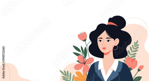 Elegant portrait of a professional woman with dark hair wearing a business suit and surrounded by colorful spring flowers.