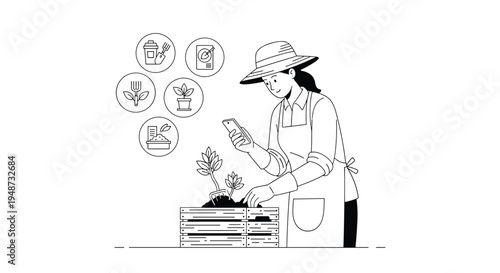 Modern gardener using her smartphone to access agricultural data and manage plants in a wooden crate through a smart farming app.