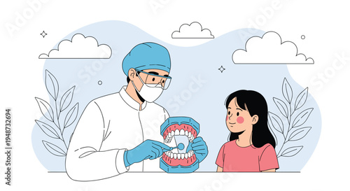 Friendly dentist using a realistic model of human teeth to explain proper oral hygiene and dental care to a young female patient.