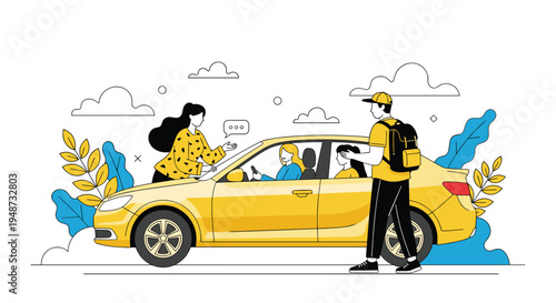 Group of people interacting around a yellow passenger car in a city setting with one man carrying a backpack ready for a trip.