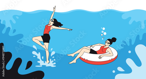 Two active women enjoying their time in a swimming pool with one practicing artistic moves and the other relaxing on an inflatable.
