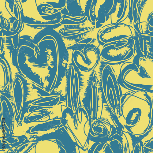 Scribble Heart Pattern For Textiles Yellow And Blue Brush Strokes Modern Artistic Design Fashionable Fabric Print Contemporary Homeware Decorative Surface Patterns