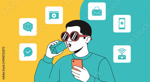 Cool man wearing sunglasses and drinking juice while using his smartphone surrounded by various social media and technology icons.
