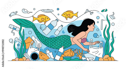 Beautiful mermaid swimming through the ocean while picking up plastic waste and bottles to clean the underwater environment.