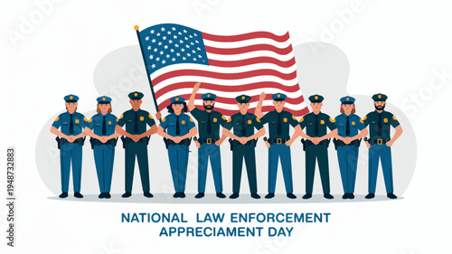 Police officers standing united with american flag on national law enforcement appreciation day