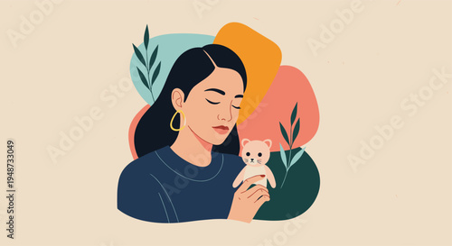 Peaceful woman with her eyes closed holding a small stuffed animal close to her face against a background of colorful abstract shapes.