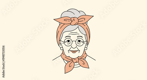 Minimalist line art illustration of an elderly woman with grey hair wearing glasses and a stylish orange headscarf and necktie.