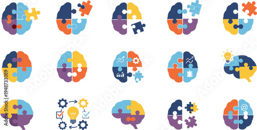 Creative Brain Puzzle Concept Icon Set with Colorful Jigsaw Pieces Intelligence Thinking Idea Innovation and Problem Solving Symbols