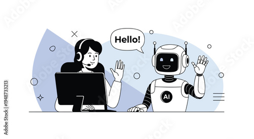 Female customer service representative with a headset interacting with a friendly white artificial intelligence robot at a desk.