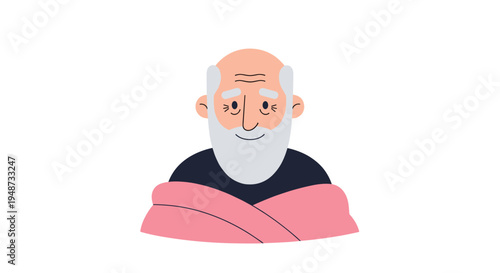 Friendly elderly man with a white beard and kind eyes looking directly at the camera while wrapped in a soft pink blanket.