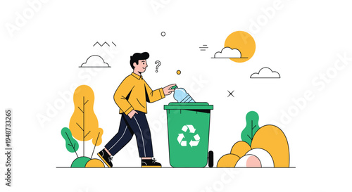 Young man practicing sustainable living by placing a plastic water bottle into a green bin with the universal recycling symbol.