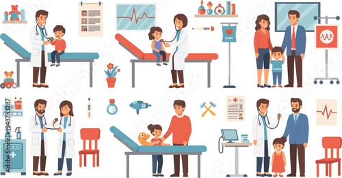 Pediatric Clinic Medical Checkup Illustration Set with Doctors Examining Children Parents Healthcare Equipment Hospital Interior and Child Health Care Scenes