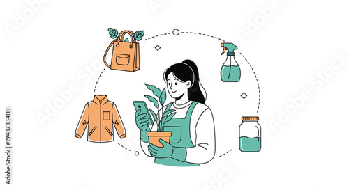 Eco conscious woman holding a potted plant uses her smartphone while surrounded by sustainable lifestyle items.