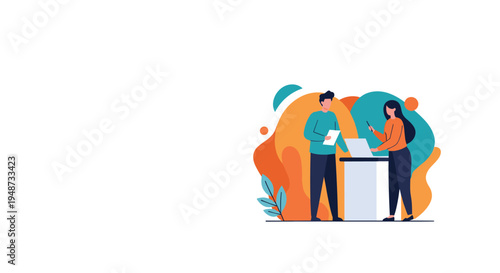 Professional man and woman collaborating on a project at a modern office desk with a laptop, documents, and coffee.