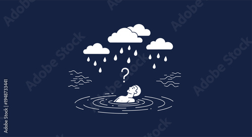 Thoughtful person floats in dark water under raining clouds with a large question mark above, symbolizing confusion.