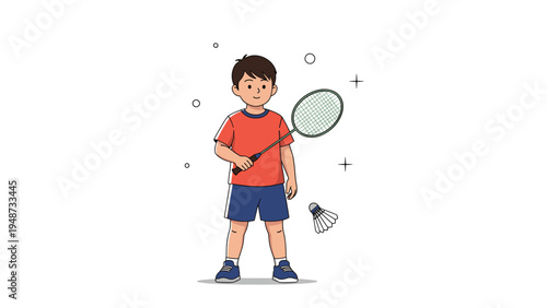 Active young boy wearing a red shirt and blue shorts holding a badminton racket and ready to hit a shuttlecock for sports practice.
