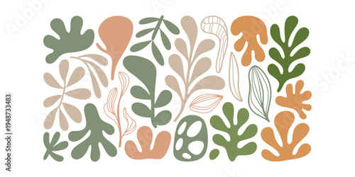 Abstract botanical shapes in green beige and orange hues