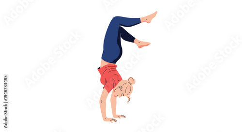 Fit young woman performing a challenging handstand yoga pose to demonstrate her strength, balance, and flexibility.