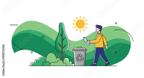 Eco friendly man discards a plastic bottle into a recycling bin while walking in a sunny green park landscape.