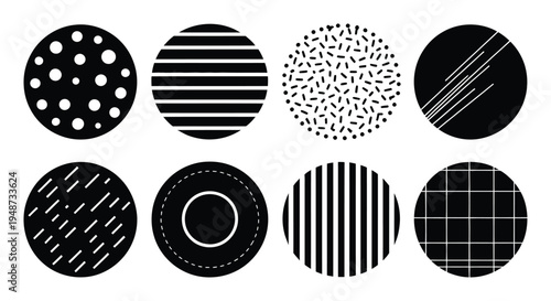 Collection of Eight Black Circles with Diverse White Geometric Patterns