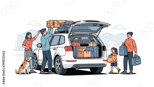 Happy family loading their white suv with suitcases and travel bags on the roof rack and in the trunk for a summer road trip.