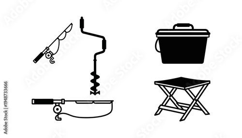 Collection of illustrated fishing and outdoor activity equipment including a fishing rod, ice auger, tackle box, and portable stool