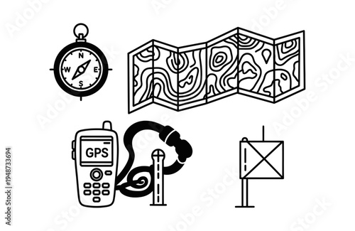 Collection of navigation and outdoor adventure equipment including a compass, map, GPS device, carabiner, and marker